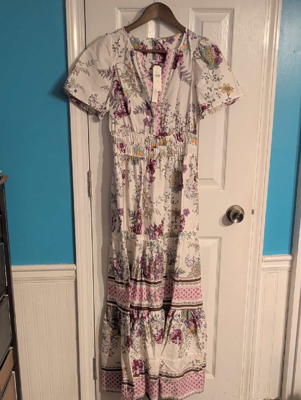 Anthropologie White Floral Tiered Maxi Dress with Purple Accents